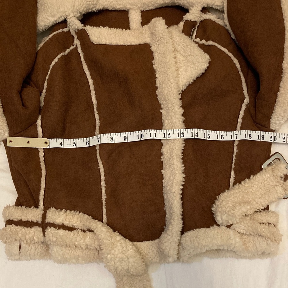 Brown Faux Shearling Biker Jacket with Cream Trim - Picture 12 of 14
